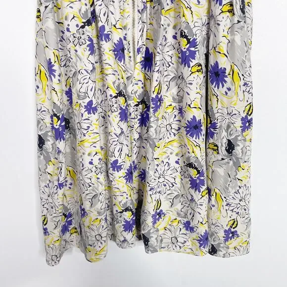 Parker Small S Gray Purple Yellow Silk Floral Dress Sweetheart Neckline Zip Back - Picture 9 of 12